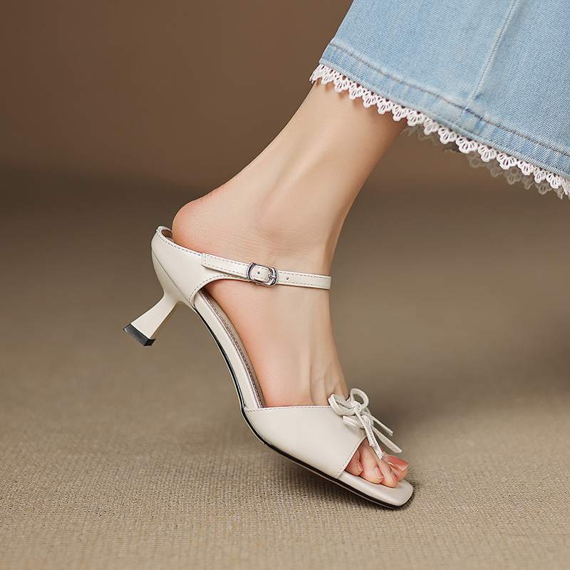 

Krazing Pot cow skin Summer Size 42 butterfly-knot Thin High Heels Women Superstar Women Peep Toe Slip on Sandals 42 слонова кістка