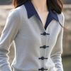 Chinese Style Grey Polo Collar Knit Top Autumn Winter Lapel Shirt