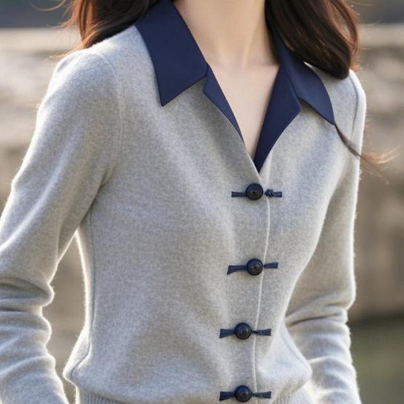 Chinese Style Grey Polo Collar Knit Top Autumn Winter Lapel Shirt