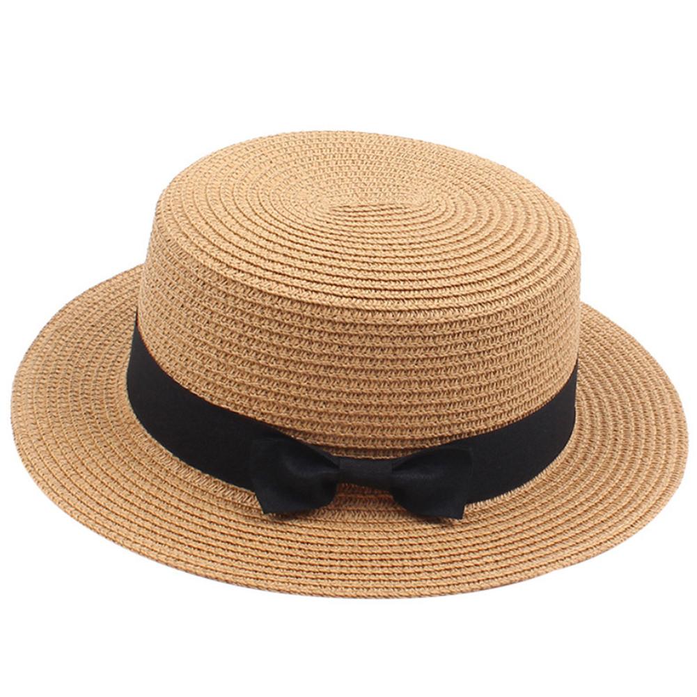 Women Fashion Straw Hat  Retro Bowknot Flat Top Hat Sunshade Beach Hat Summer