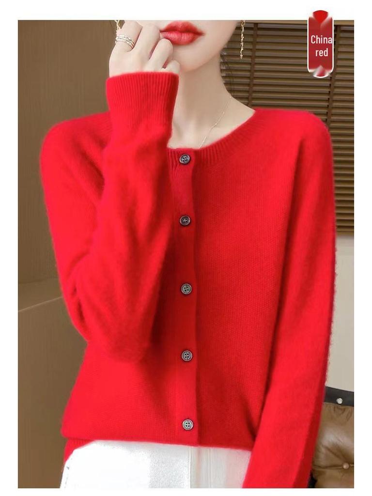 2026 Autumn/Winter Women's Seamless Cashmere Crew Neck Sweater - High-end Pure Wool Knitted Cardigan
