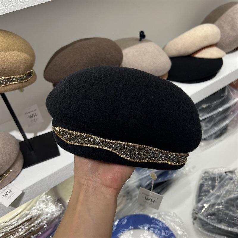 

Шерстяной берет женский осенне-зимний с ромбовидной ленточной отделкой, с широкими полями, литературный, толстый, теплый, шляпа художника M（56-58cm）