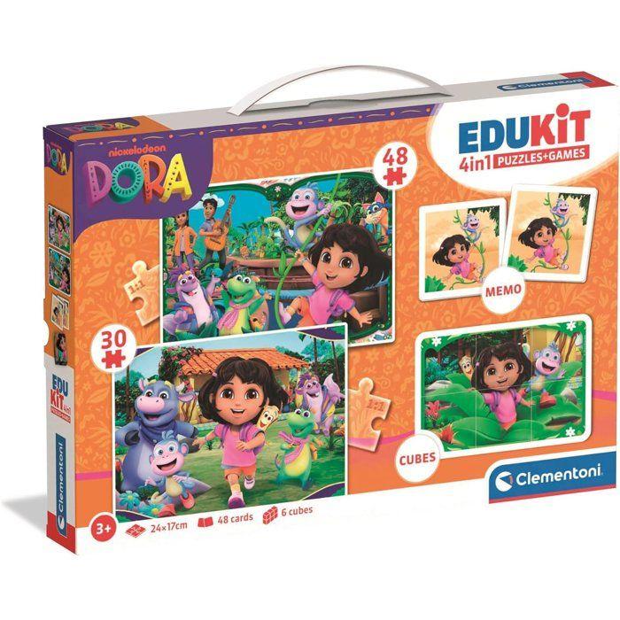CLEMENTONI - Edukit 4 en 1 - Dora - Puzzle, Mémo, Cubes - Apprentissage Préscolaire Ludique - Idée Cadeau pour Enfants