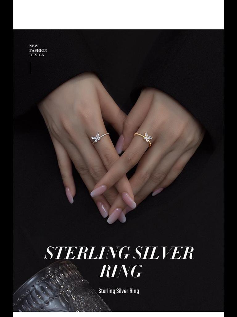 14 Karat vergoldeter Zirkon-Schmetterlingsring, S925-Silber, elegantes, schlankes Design für Damen.