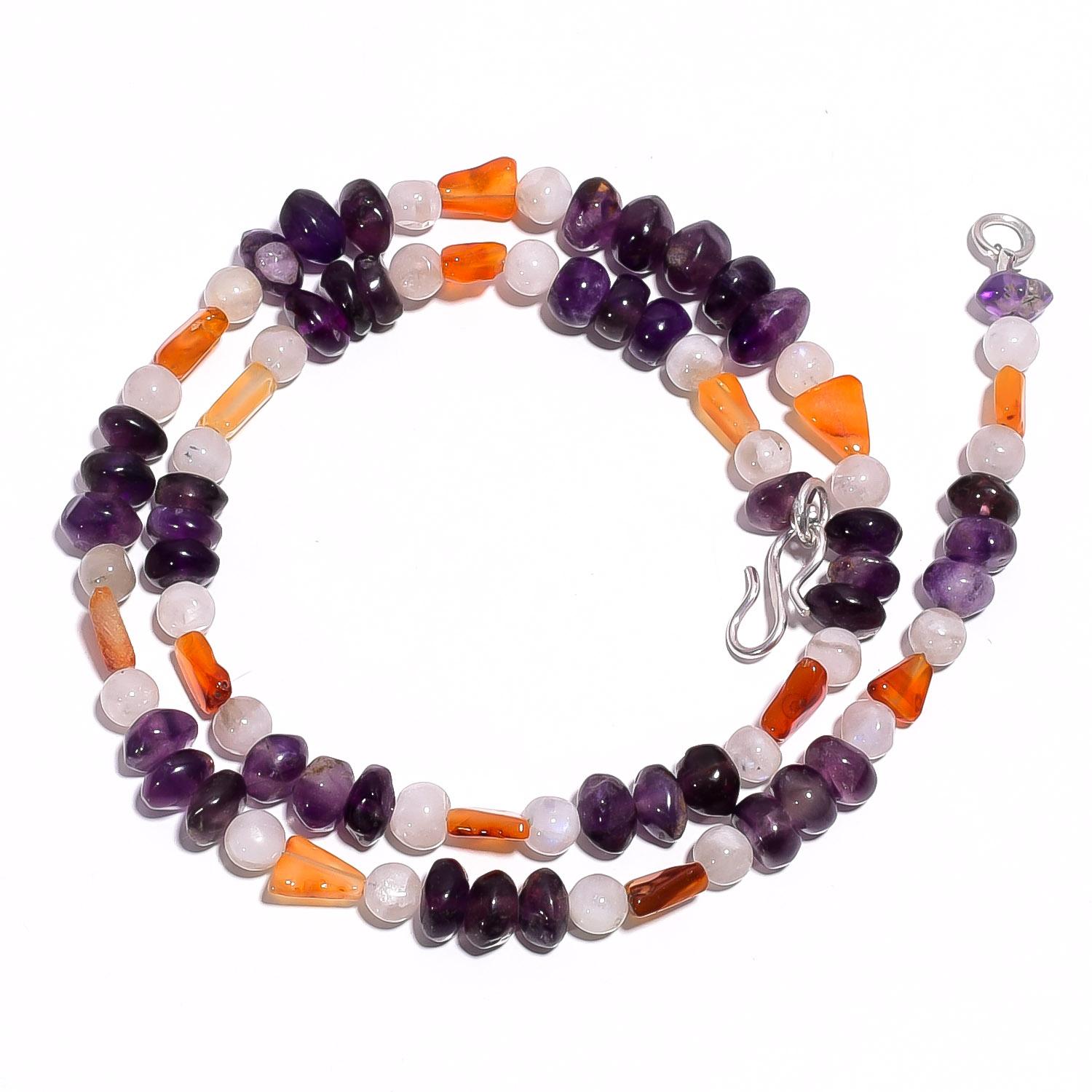 

Natural Amethyst Carnelian Moonstone Gemstone Smooth Beads Necklace 17 UB-4638 UB-4638