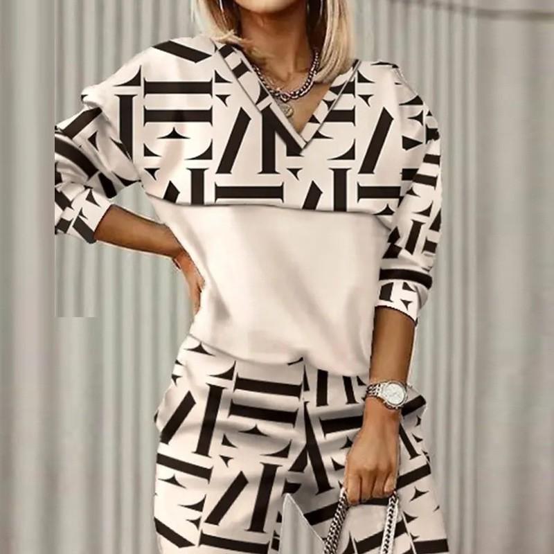 Clothes Women s Casual Sports Suit Fashion Printed Long-sleeved Wide-leg Pants Set L