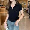 Design lapel bow embroidered T-shirt women's summer small man pleated front shoulder college style short chic top