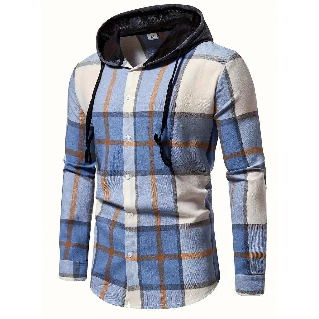 Men's Striped Plaid Casual Loose Button Lapel Long Sleeve Hooded Cardigan Shirt Jacket