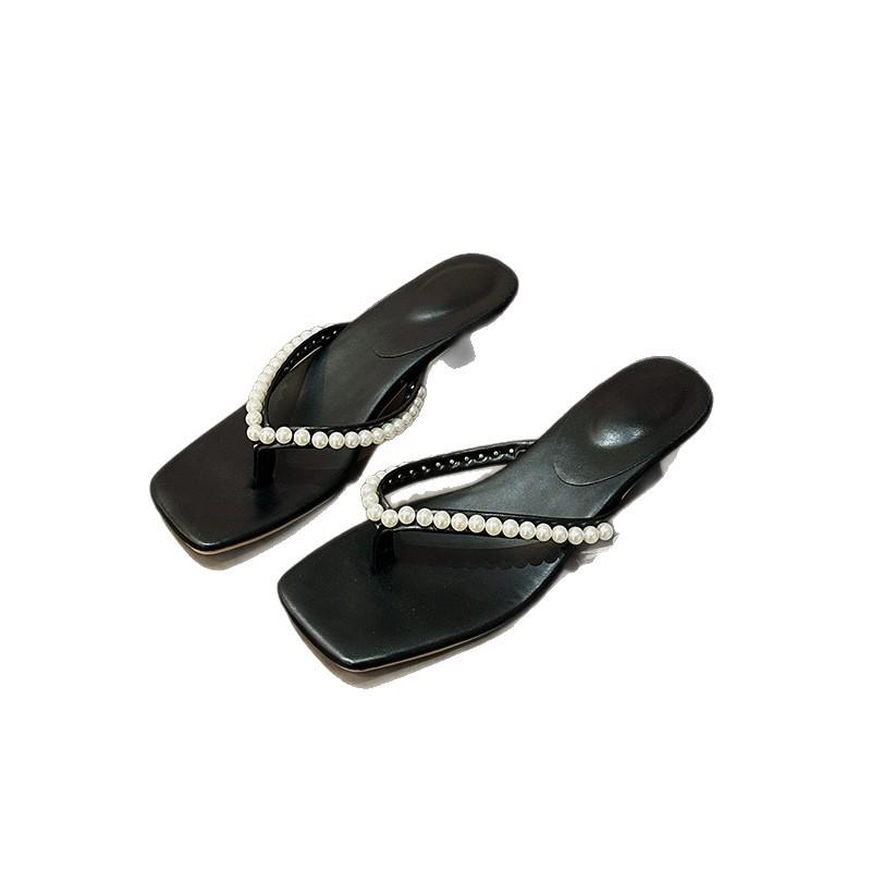 Square head large size toe flip-flops shoes women's 2025 summer new small fragrant style fashion pearl low heel cool slippers women