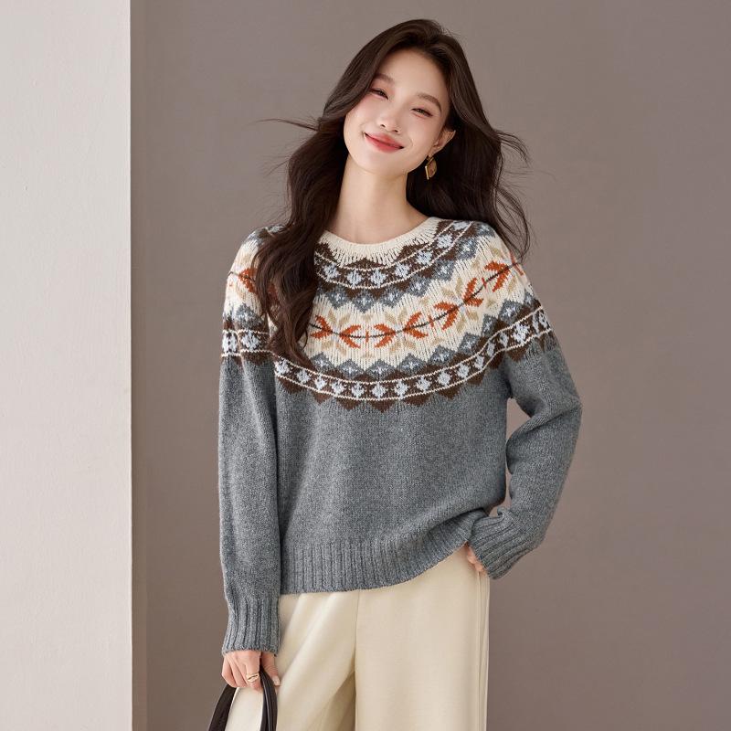 Women's Autumn/Winter Pure Wool Jacquard Knit Pullover Sweater