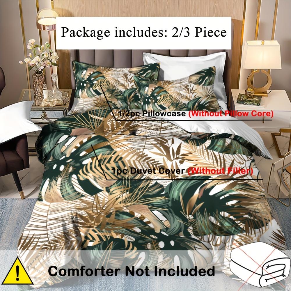 Guldgrönt Palmbladsprint 2/3 delar Påslakan Set - 100% Polyester, Maskintvättbart, Helårs Komfort och Mjukt Sängkläder Set