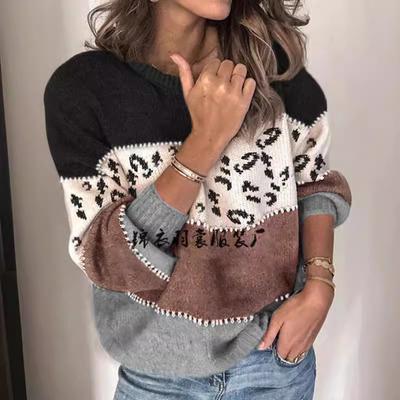 Women's Autumn and Winter Leopard-print Patchwork Knitted Pullover Plus Size Sweater