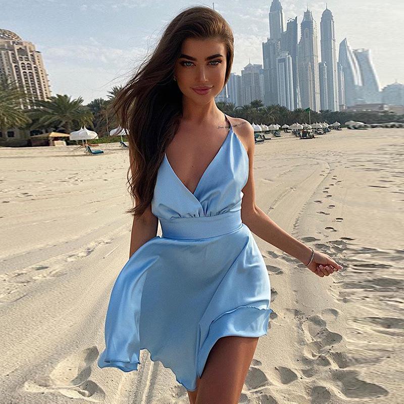 Elegant Bodycon Sexy Women's Dress for Women 2022 Summer Sleeveless Satin A-line Party Club Mini Pleated Dresses Woman Robe