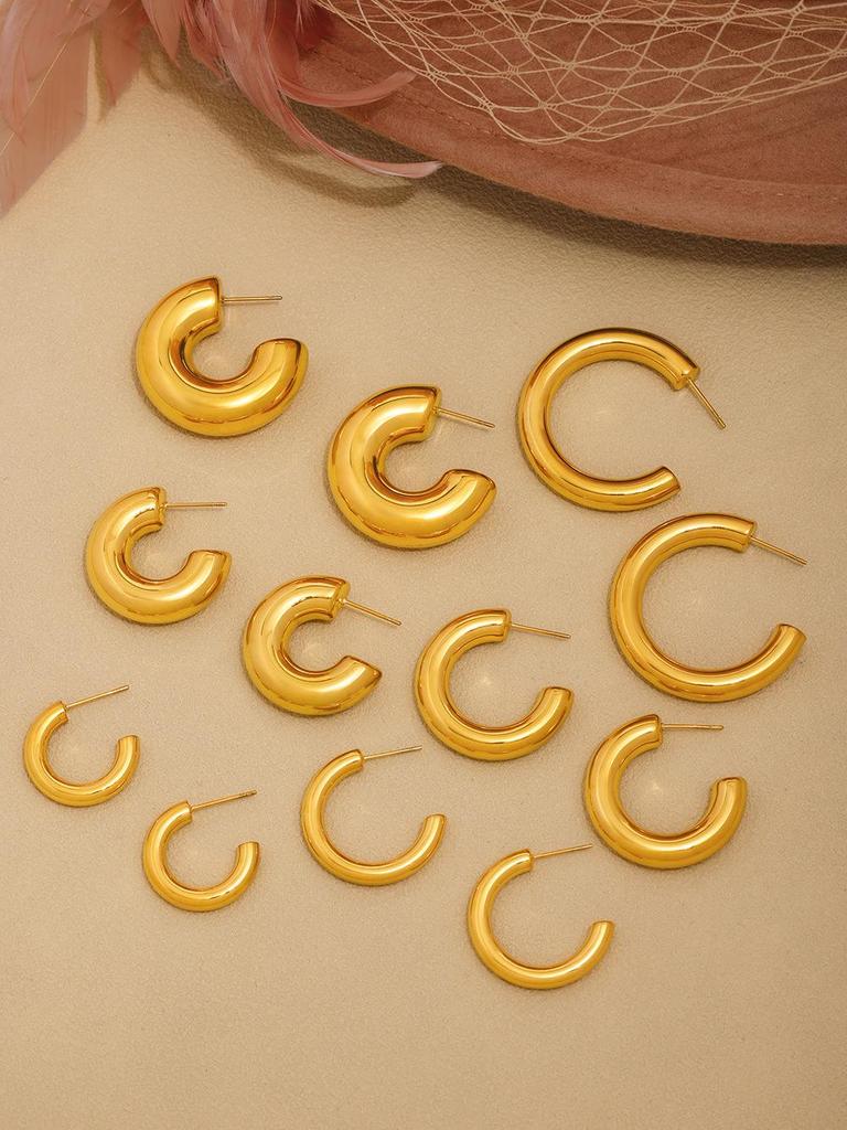 Qiong Yao Cross-border High-end Gold-plated Stainless Steel C-shaped Earrings - European & American Fashion Set with PVD Gold Color Retention.