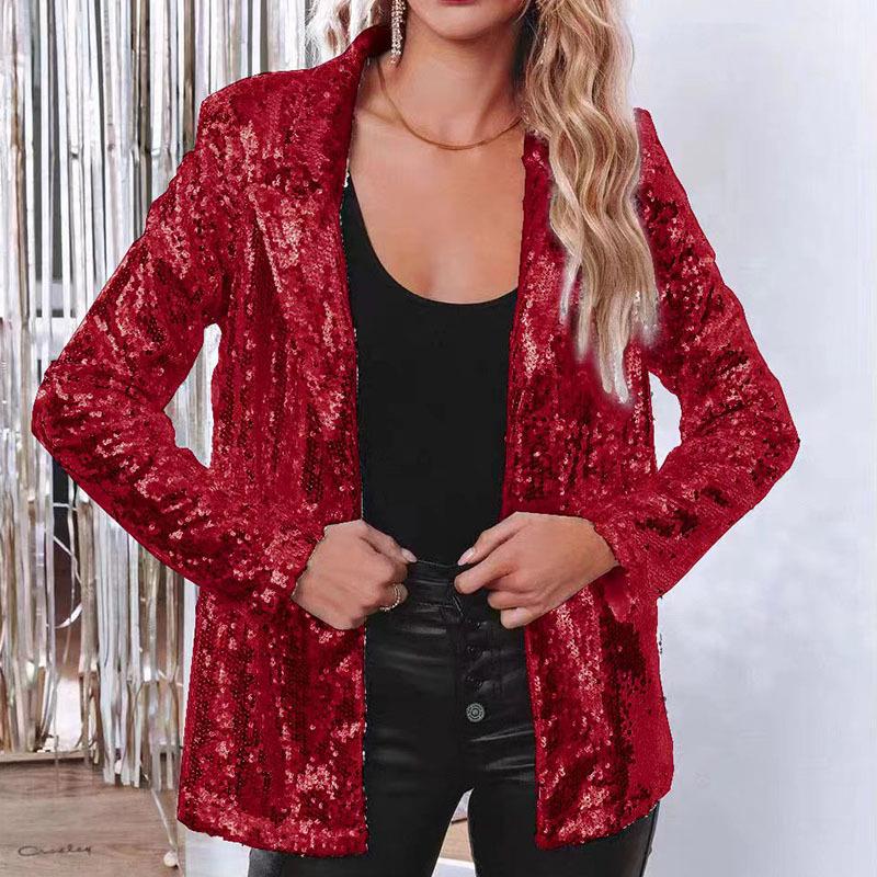 Women's European & American Style Sequined Lapel Cardigan Blazer