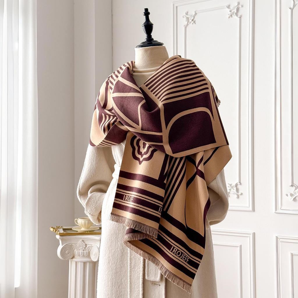 Winter Geometric Splicing Letters Versatile Simple Neck Protection Warm Scarves High Temperament Women Two-Sided Jacquard Shawl