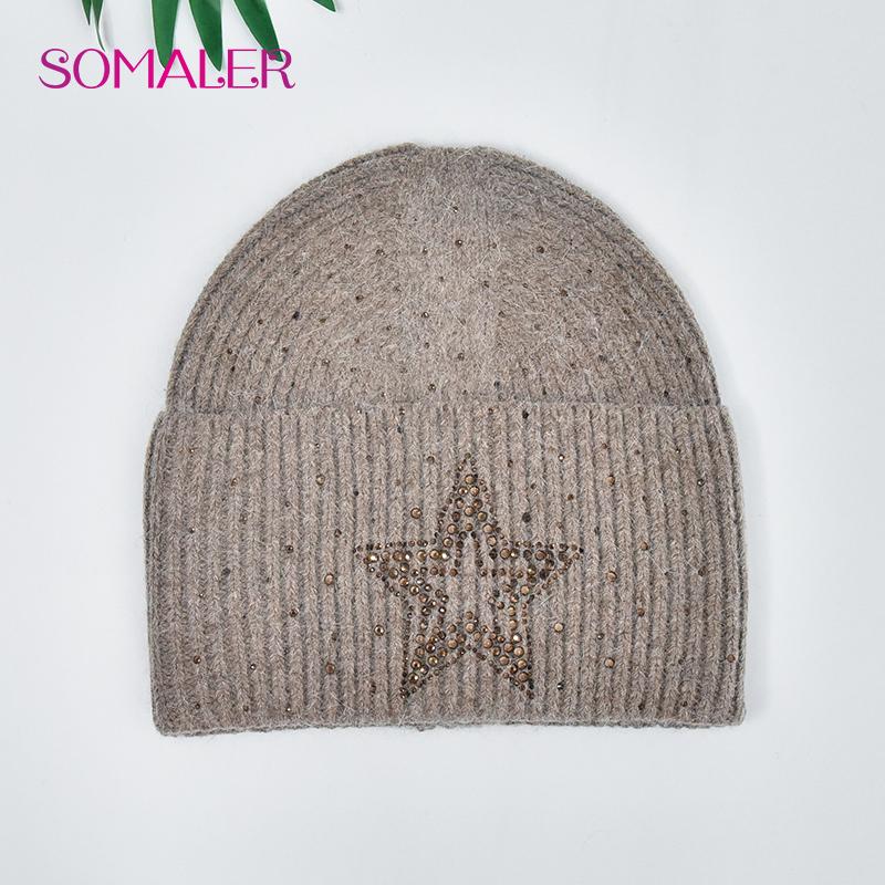 

Женские зимние ангоровые шапки Теплая шерстяная вязаная шапка Модная шапка с узором из страз и звезд Кроличий пух Шапка-бини Шапка-боннет One Size