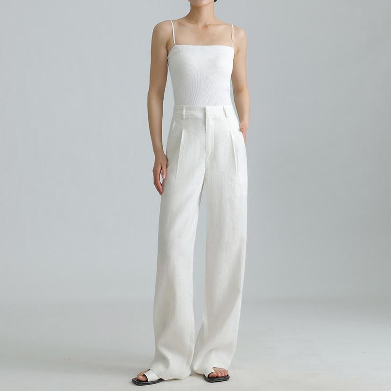 2026 Summer High-Waisted Wide-Leg Cotton Linen Pants White Casual Old Money Style Women XL