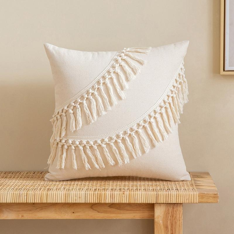 Soft Cotton-ramie Pillow Covers, European Style With Tassels Cushion Cover Shell for Sofa Bedroom Cream Beige Stylish