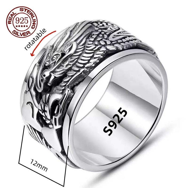 12mm Width Real S925 Silver Lucky Dragon Double Layer Rotatable Closed Dragon Ring For Man Woman Fiine Jewelry Gift