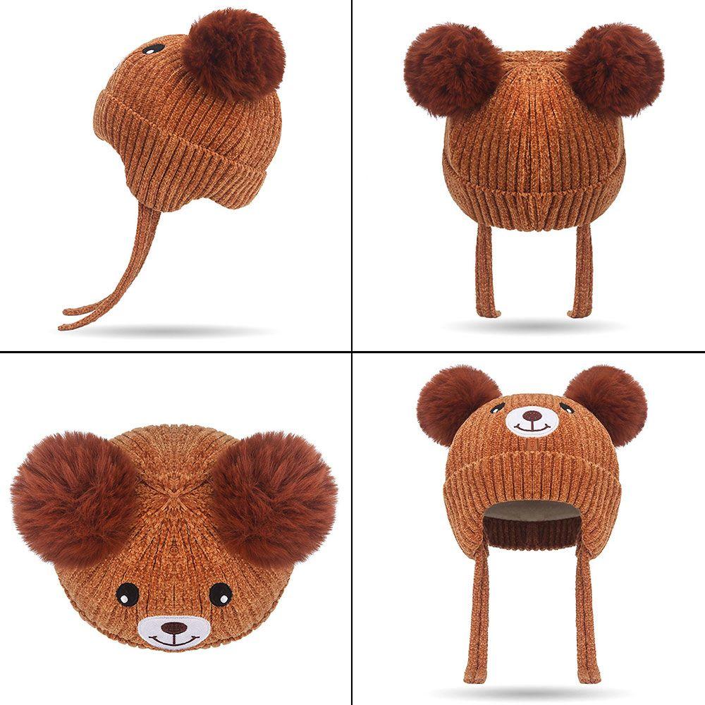 Hooded Scarf Bear Knitted Hat Winter Pompom Baby Hat Fleece Lining Earflap Cap Toddler Beanie