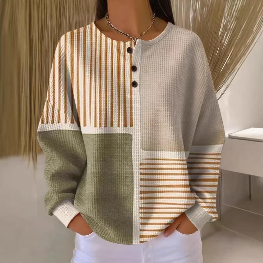 Women's Crew Neck Long Sleeve Waffle Knit Henley Top Loose Fit Casual Sweatshirt