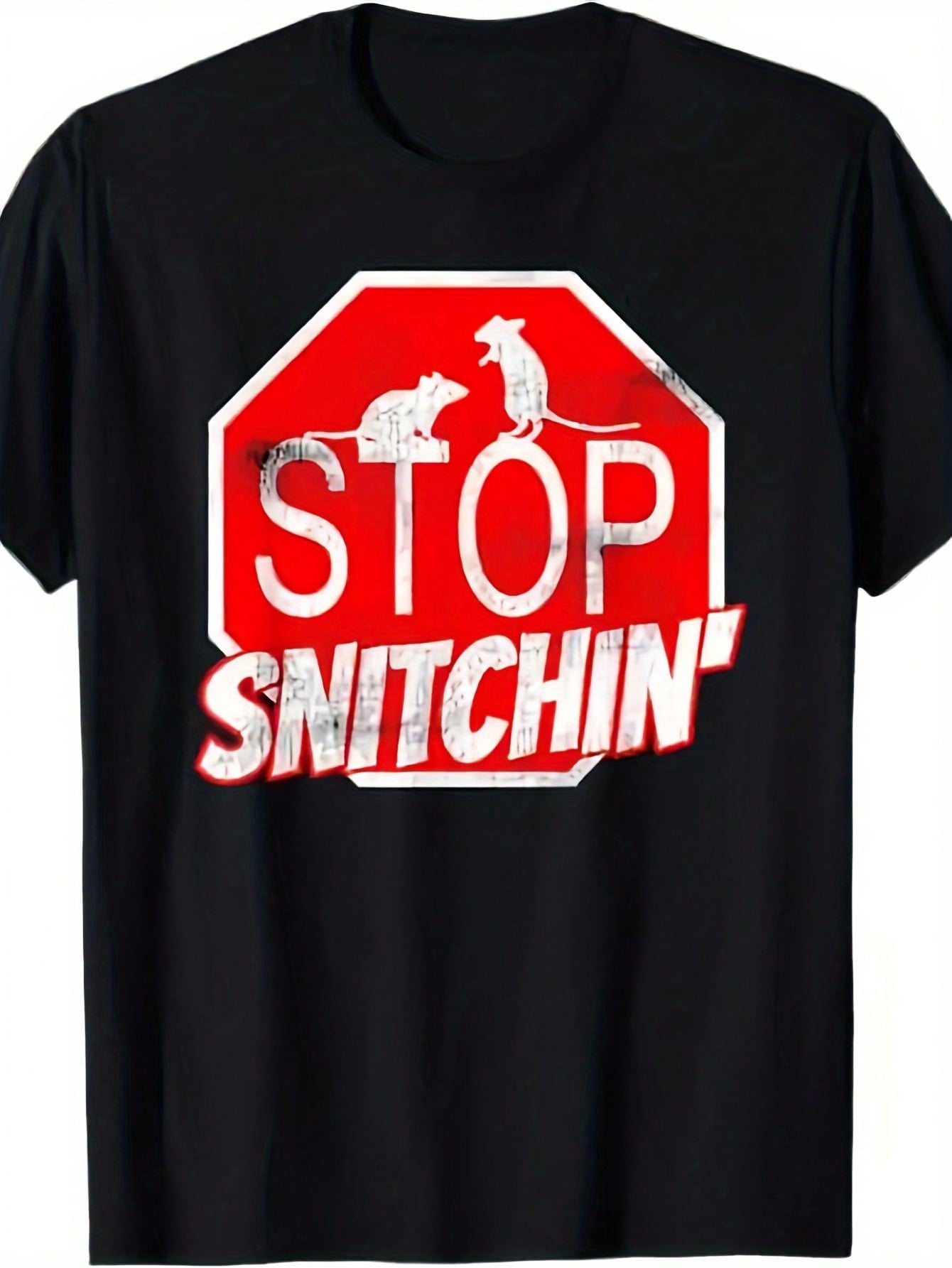 Stop Snitchin Mens Black Cotton T Shirt  Bold Red  White Graphic Design Humorous Stop Sign Cat Illustration S