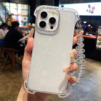 Ultra tenký třpytivý průhledný kryt s kamínky pro iPhone 16 15 14 Pro Max, popruh na zápěstí, krystalový náramek, bezrámový kryt