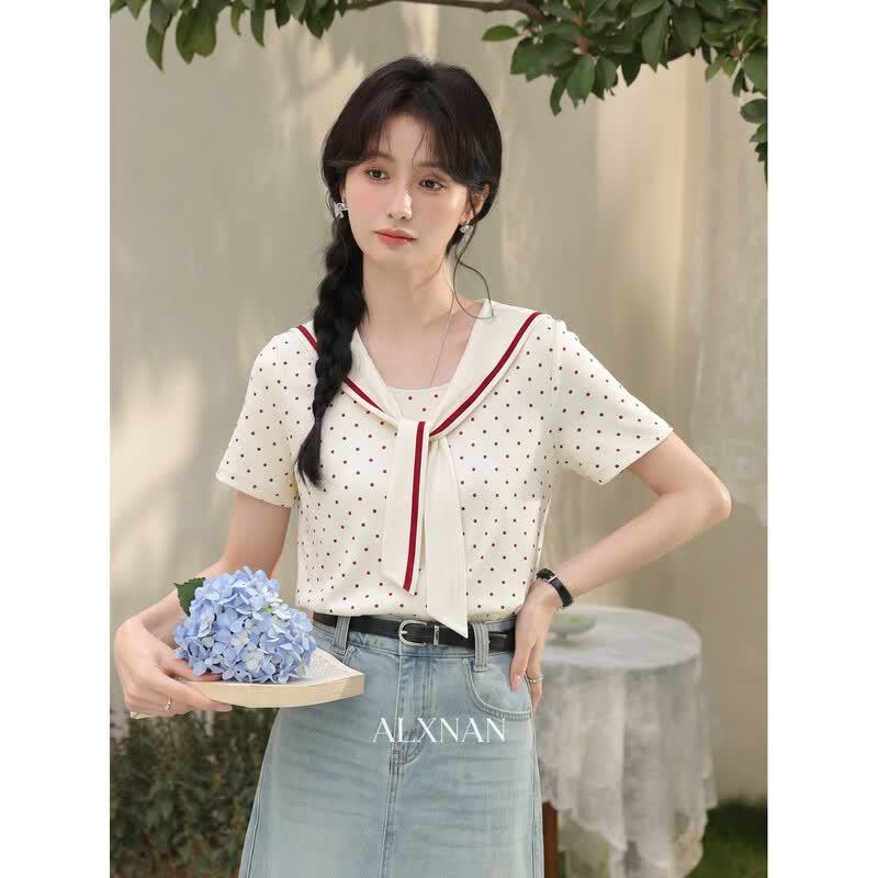 Women s Polka Dot Sailor Collar T-Shirt L