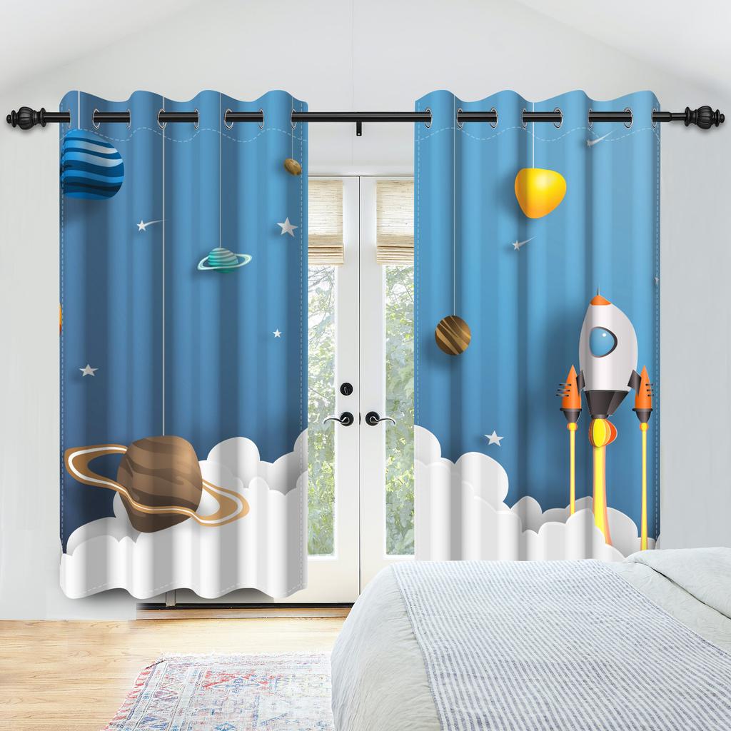 2Pcs Cosmic Galaxy Planets Curtains Galaxy Whale Children Room Bedroom Window Decorations Room Blackout Thermal Insulated Drapes