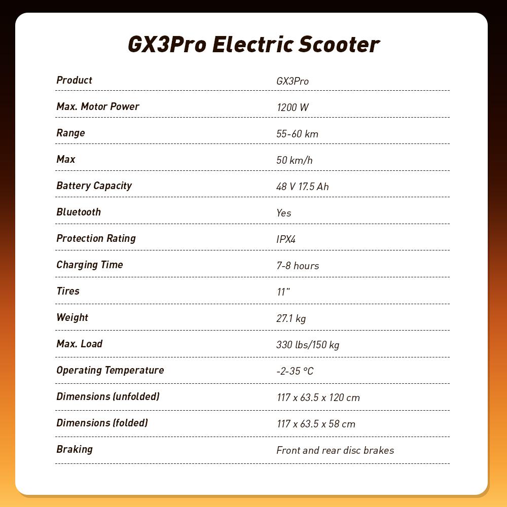 iScooter GX3 Pro Electric Scooter1200W 15.6Ah 11'' Off-Road Tires 25KM/H Max Speed 45KM+ Range Adult Electric Scooters