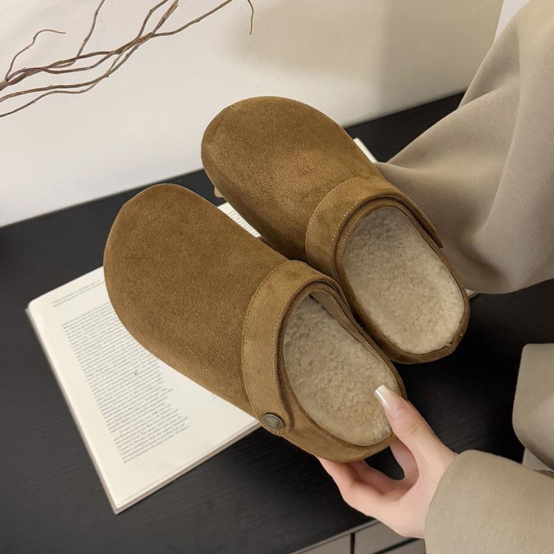 Thick-soled Heightening Women's Autumn New Outer Wear Small Shoes with Fleece Bag Head and Half Slippers