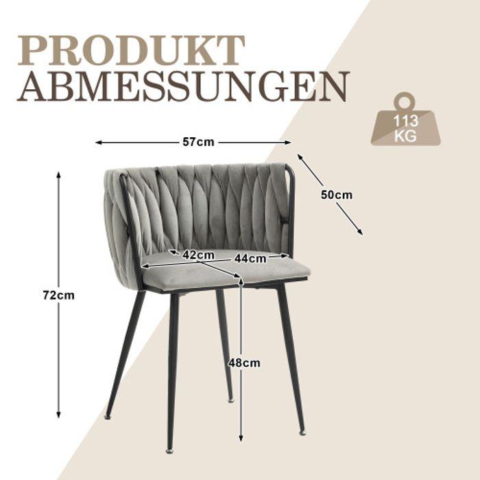 Dining Chair - HEDATX - Grey Velvet - Set of 2 - Hand-woven Design - Gold Metal Legs