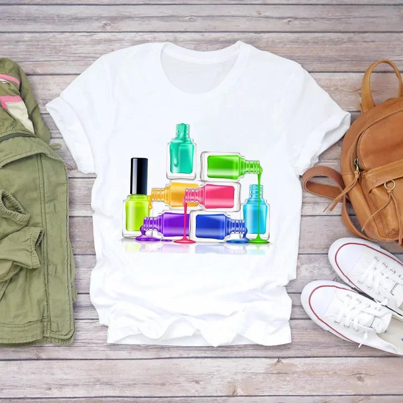 Fashion Short Sleeve White T-Shirt for Women Nail Art Makeup Beauty Style Inspired by Europe And America Summer Polyester Fabric