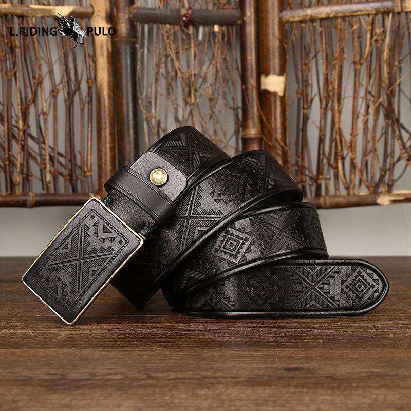 Curea cu cataramă cu placă cu model gravat cu laser vintage lucrată manual, piele naturală de vacă pură, cataramă netedă, curea pentru bărbați