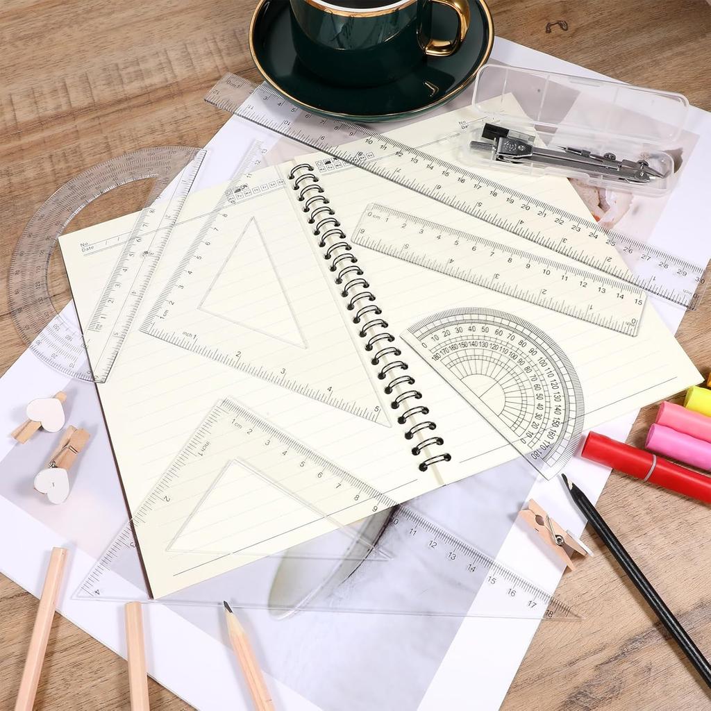 7PCS Geometry Math Set Plastic Clear 45/60 Degree Triangle Ruler 12 and 6 Inch Math Ruler 4 and 6 Inch Protractor and Compass Set with Box Measuring