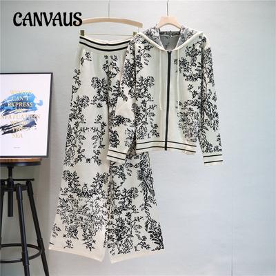Frühling und Herbst gestrickter Anzug Mode Tuschemalerei Jacquard lose Flut langärmelige Strickjacke Top weite Beinhosen zweiteiliges Set