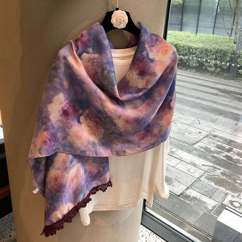 Summer Thin Silk Scarf Femininity Simple High-End Beach Scarf Outside Shawl Seaside Sun Protection Large Scarf Shawl