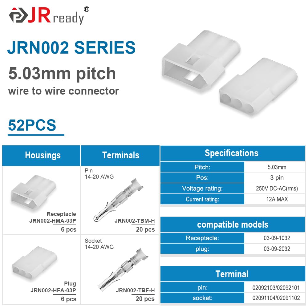 JRready ST6416 Standard.093 Pin And Socket Connectors 3 Circuits (6 Matched Sets), 14-20 AWG, Compatible With Molex Standard.093 3 Pin Male& Female