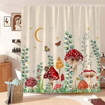Mushroom Shower Curtain Retro Butterfly Floral Boho Moon Botanical Wildflowers Green Plant Aesthetic Bath Curtain Bathroom Decor