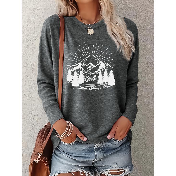 Women's Adventure-Themed Vintage Sketch Mountain Print Casual Long Sleeve Elegant Summer Top, Fashionable and Cute Vintage Style