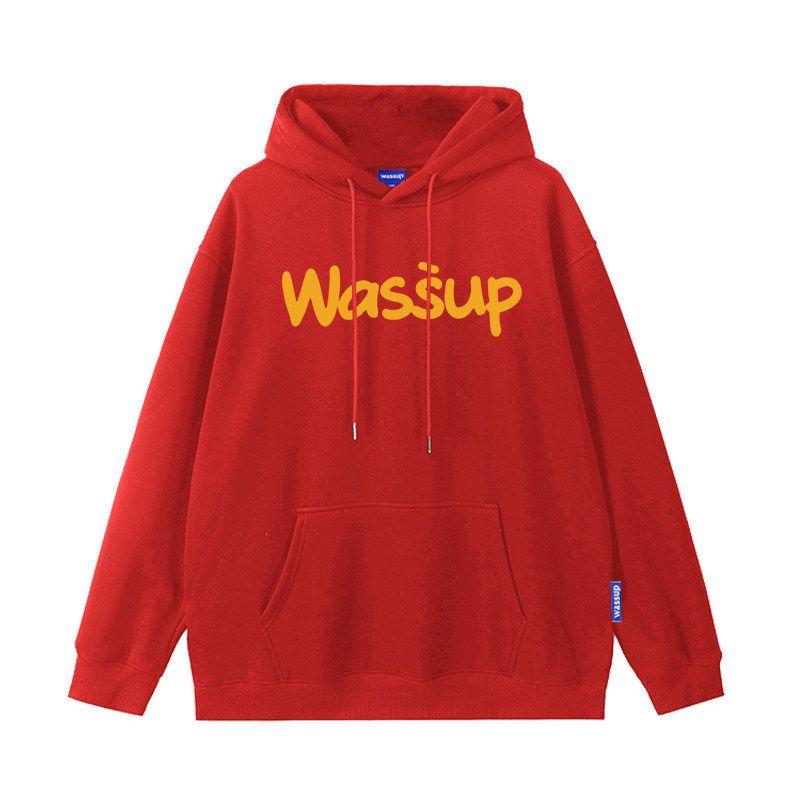 Wassup Trendy Brand Letter Sweatshirt for Men, Hooded, Loose, Casual, High Street Top, Jacket, Autumn and Winter, Fleece-Lined, Couple Style
