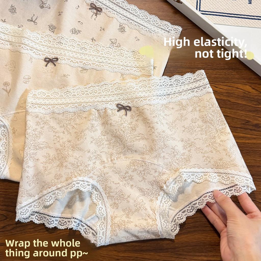 Ladies Summer Sweet Lace Edge 10A Antibacterial Cotton Extended Crotch Mid Waist Triangle Briefs