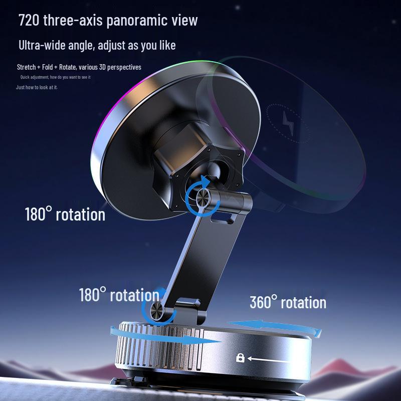 Magnetic Car Phone Holder with 15W Fast Wireless Charging & Rotating Atmosphere Light