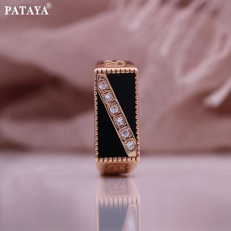 PATAYA Roségoldfarbene, eingelegte weiße künstliche Zirkonia-Ringe mit schwarzem Ölgemälde