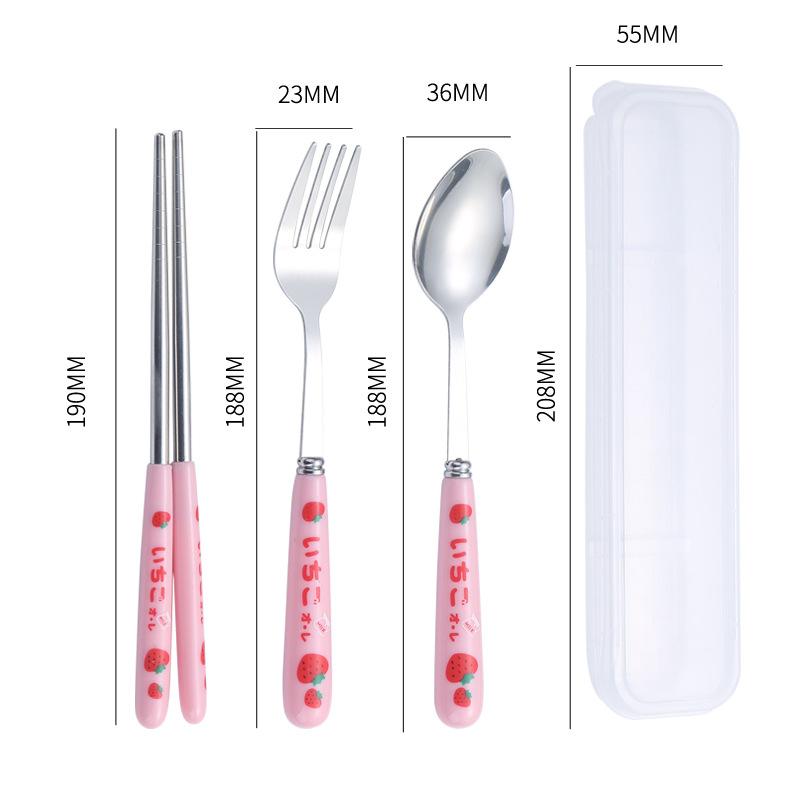 Ensemble de couverts portables en acier inoxydable, fourchettes, cuillères, baguettes, vache de dessin animé fraise, couverts de pique-nique en plein air, ustensiles de cuisine