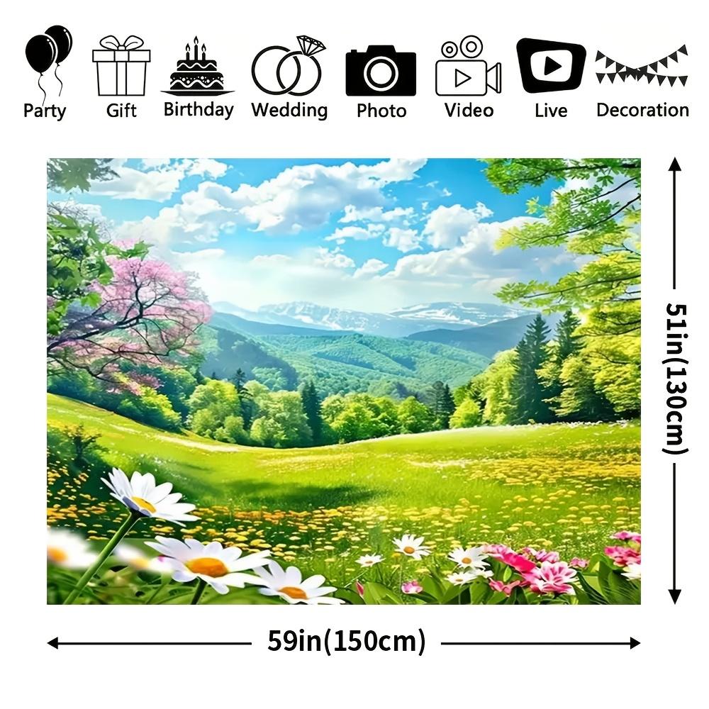 2D plane, 1pc large spring meadow flower background with lush green hills, wildflowers and daisies - Easter