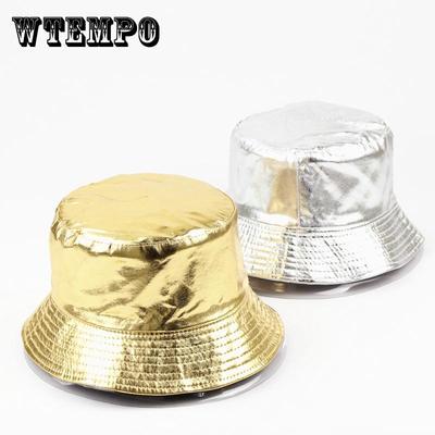 Wendebarer Punk Fischerhut - Trendiger faltbarer Fischerhut mit glänzendem goldenem silbrigem Finish, verstellbarer Riemen für Unisex Erwachsene