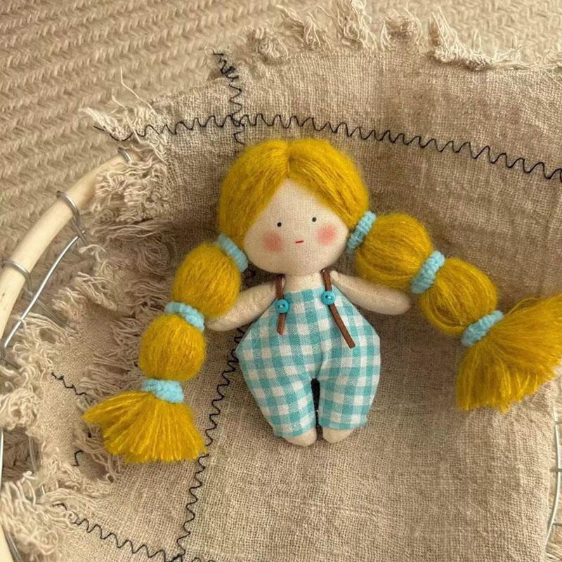 Handmade Linen Cloth Doll Keychain Cute Plaid Overalls Pendant Multiple Hair Styles Squishy Stuffed  Vintage Gift For Collectors