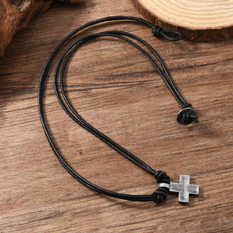 Lightweight Adjustable Braided Leather Necklace Crucifix Pendant Vintage Accessory For Everyday Fashion Jewlery